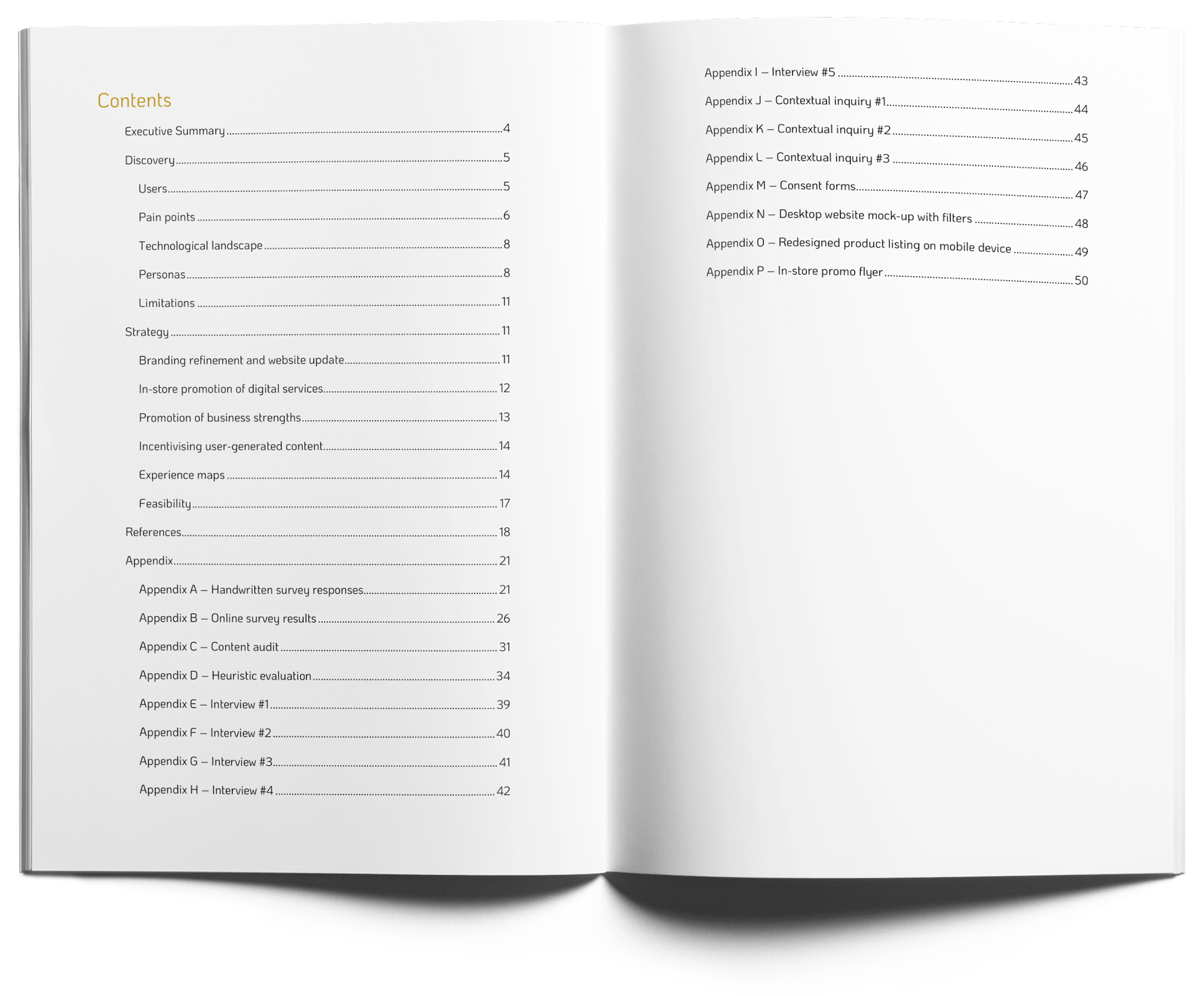 Contents page for experience design strategy